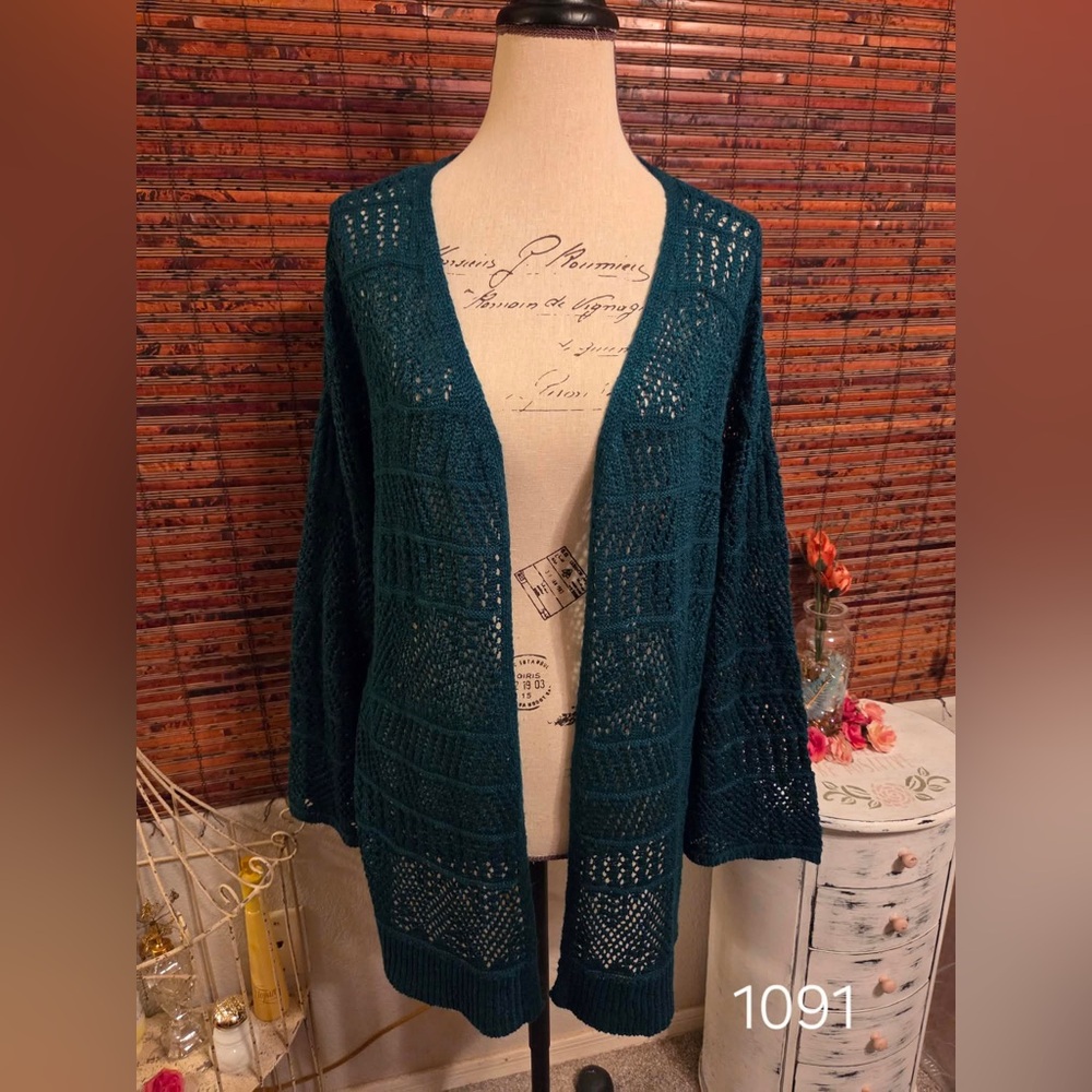 Open-Front Teal Knit Cardigan Sweater
